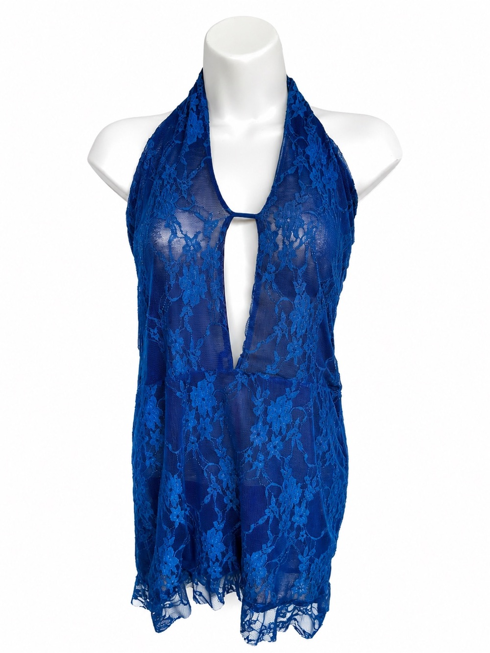 PrettyLittleThing NWT Royal Blue Sheer Floral Lace Plunge Halter Mini Dress